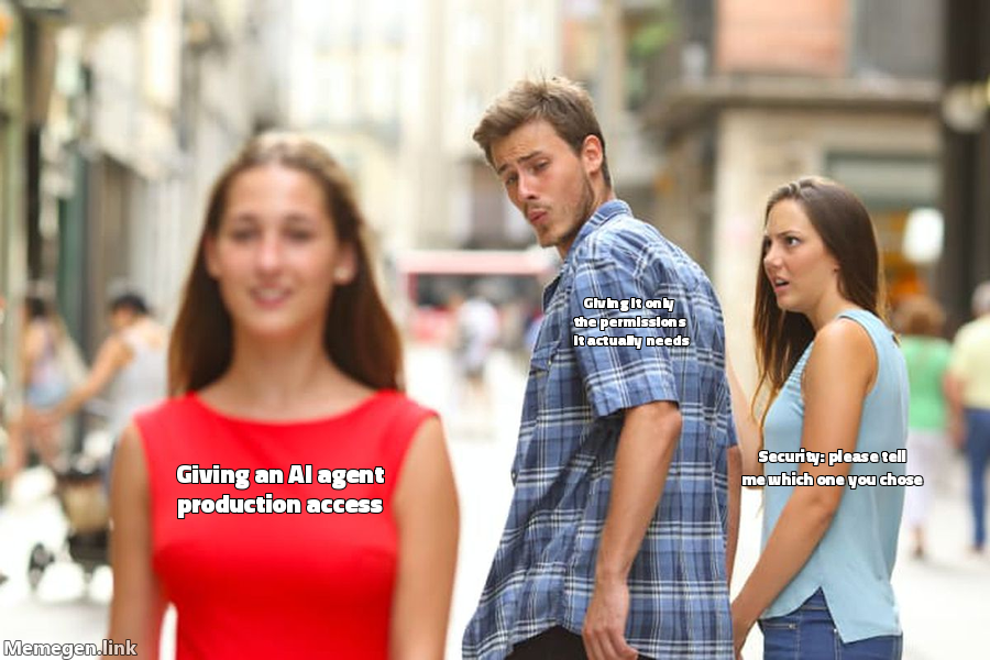 Over-permissioned agent: Giving an AI agent production access / Giving it only the permissions it actually needs / Security: please tell me which one you chose